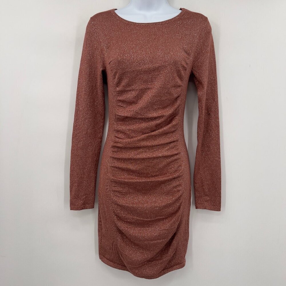 Express Metallic Ruched Bodycon Mini Dress Long Sleeve Sparkle Rose Gold S/P
